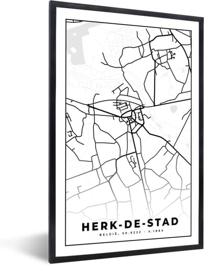Fotolijst incl. Poster Zwart Wit- Stadskaart – Plattegrond – België – Zwart Wit – Herk de Stad – Kaart - 40x60 cm - Posterlijst