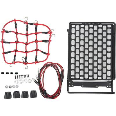 Porte-bagages de toit pour voiture RC Universel Portable Porte-bagages de toit RC avec filet à bagages Lumières LED pour voiture RC Universelle 1 10 1 12 1 14 Square light white