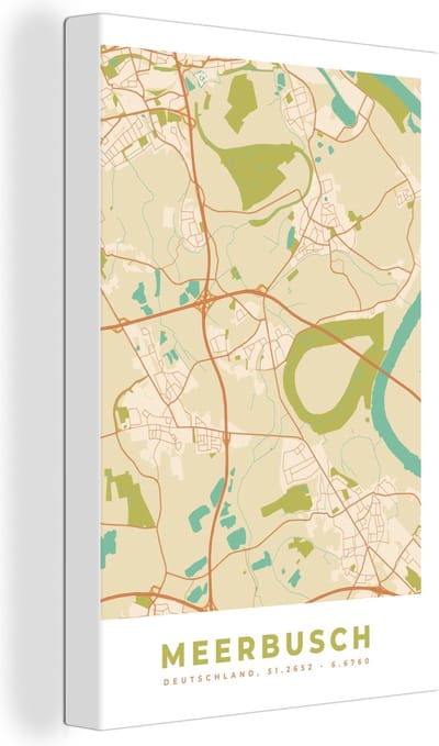 Canvas Schilderij Meerbusch - Plattegrond - Kaart - Stadskaart - Vintage - 20x30 cm - Wanddecoratie