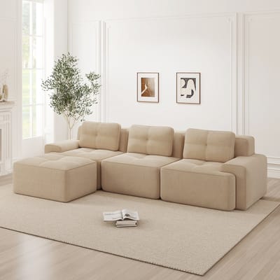 Wishdor - Modulaire Hoekbank - Diepe Zitting En Antislip Onderzijde - Minimalistisch Ontwerp - Voor Woonkamer - Ribstof - Beige