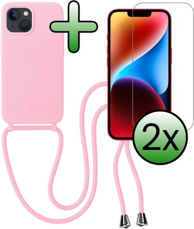 Hoes Geschikt voor iPhone 13 Mini Hoesje Met Koord Met 2x Screenprotector - Telefoonhoesje Geschikt voor iPhone 13 Mini Backcover Met Afneembaar Koord - Lichtroze