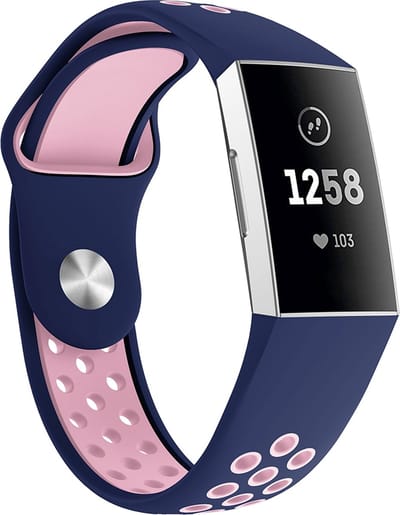 By Qubix - Compatible Fitbit bandje - geschikt voor Fitbit Charge 3 - Fitbit Charge 4 siliconen DOT bandje - Roze / Blauw - Maat: Large - Horlogeband - smartwatchbandje