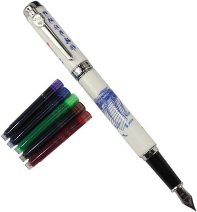Elegante Blauw-Witte Porseleinen Zeilboot Pen met Cadeaubox en Inktcartridges voor Schrijfliefhebbers