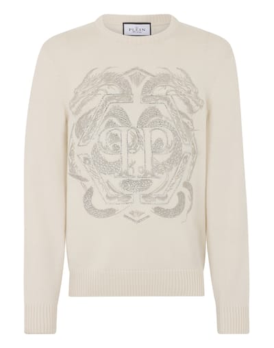 Embroidered Merino Wool Round Neck Pullover Hexagon Dragon