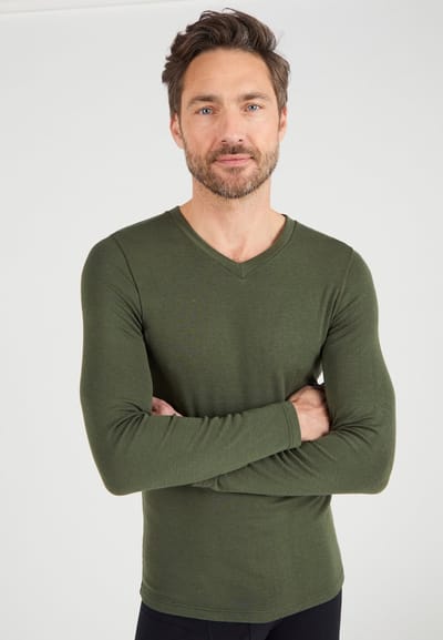 Damart - T-shirt met V-hals en lange mouwen fijn ribgebreid Thermolactyl Sensitive - Heren - Groen - (86-93) S