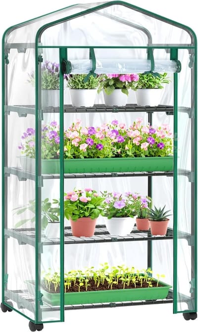 Premium Foil Kweekkas met Vergrendelbare Wielen, 4 Planken, Ruimtebesparend, Ideaal voor Balkon en Tuin, 69 x 48 x 164 cm, Transparant, Kweekhuis voor Planten en Tuinieren