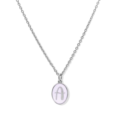 New Bling 9LA-20059-A Zilveren Ketting met Letterhangertje - A - Ovaal - 12x8,8mm - Emaille - Lila - Initiaal sieraad - Rhodium - Zilver