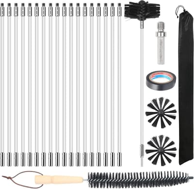 TIM® Schoorsteenveegset - Schoorsteen Borstel Met 15 Flexibele Stangen van 410 mm – Schoorsteenreiniger Inclusief 2 Borstelkoppen – Geschikt voor Boormachine - Wit / Zwart - 41cm x 15cm x 6cm
