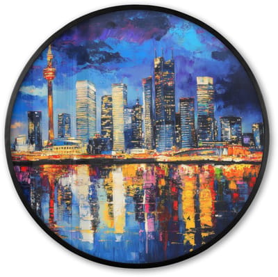 Poster in lijst Rond - Fotolijst 60x60 cm - Posters - Skyline Toronto - Modern - Stadslicht - Blauw - Ronde posterlijst zwart - Decoratie - Wanddecoratie woonkamer - Muurdecoratie slaapkamer
