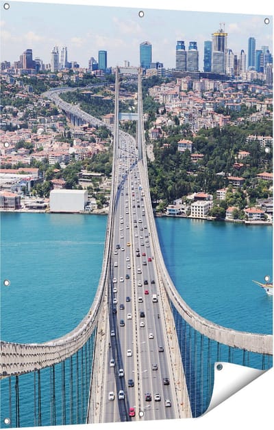 Gards Tuinposter Istanbul Bosporus Brug vanaf Boven - 90x120 cm - Tuindoek - Tuindecoratie - Wanddecoratie buiten - Tuinschilderij