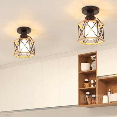 Retro Industriële Plafondlamp met Jute Touw - Hexagonale Lampenkap voor Woonkamer, Keuken en Hal - Vintage E27 Chandelier voor Sfeervolle Verlichting