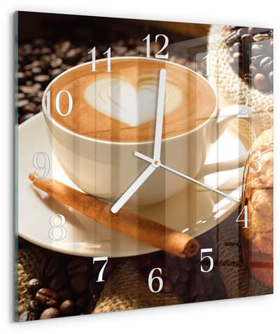 Tulup Wandklok - Koffiehart Glazen Klok Met Print - 30x30 cm - Bruin Moderne Glazen Wandklok - Witte Handen - Vierkante Wandklok - Wandklok Glas Met Motief - Decoratieve Glazen Klok