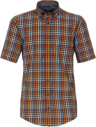 CASA MODA Sport casual fit overhemd - korte mouw - dobby - oranje geruit - Strijkvriendelijk - Boordmaat: 41 - 42