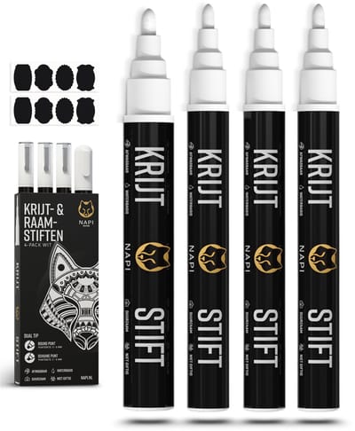 Napi Krijtstiften 4st Wit - Afwasbaar - Raamstiften 3 & 6mm - Krijtstift Markers voor Krijtbord & Raam - Whiteboard Stiften - Whiteboardmarkers – Glasstiften - Krijtmarker - Porselein - Glas - Incl. 20 Stickers