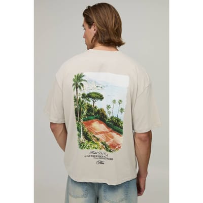 Oversized Boxy Heren Script Tennisbaan Print T-shirt | Stone | Size XS