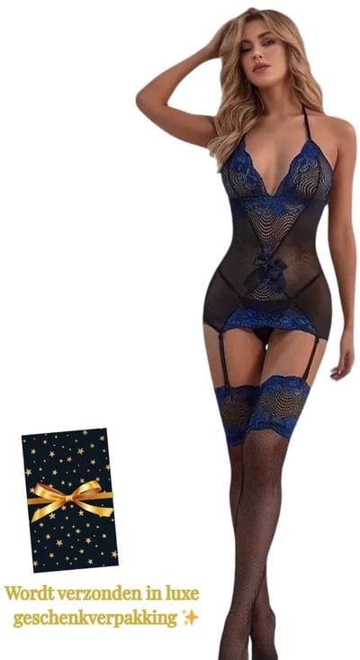 Sexy Lingerieset Dames – Erotische Lingerie – Jarretel Jurkje met Kousen – Zwart & Blauw Kant – Catsuit Erotisch – Lingerie Setje met Jarretels – Verleidelijke Lingerie – Sexy Boudoir Look – Kinky en Luxe – Dare to Undress – One Size