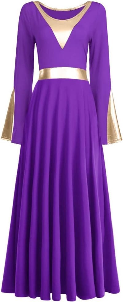 Lange Dansjurk Dames voor Lofprijzing, Kerk en Gebed - Metallic Maxi Jurk met Wijde Mouwen