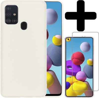 Hoesje - Met Screenprotector - Geschikt voor Samsung Galaxy A21s - Sterk & Shockproof - Back Cover - Siliconen Case - Telefoon Hoes - Telefoonhoesjes - Wit