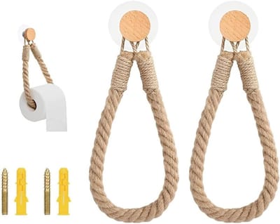 Vintage Toiletpapier Houder van Touw en Hout, Set van 2, Decoratieve Rolhouder voor Badkamer en Keuken, Uniek en Functioneel