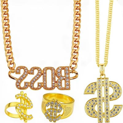 Hip Hop Kostuum Set voor Mannen en Vrouwen - 80s 90s Rappers Outfit met Accessoires, Bait Sign, Dollar Sign Ketting en Gouden Ring voor Disco en Fancy Dress Party