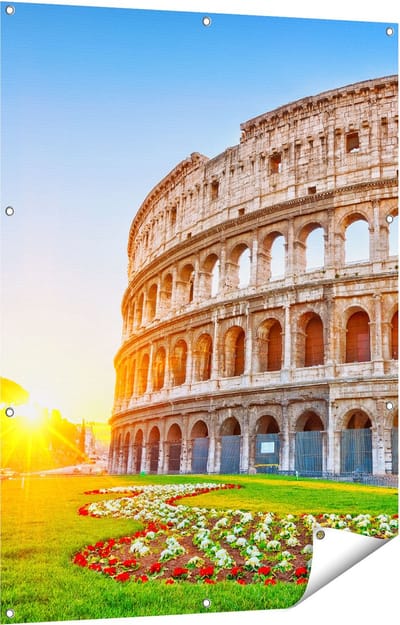 Gards Tuinposter Colosseum bij Zonsopgang in Rome, Itali� - 90x120 cm - Tuindoek - Tuindecoratie - Wanddecoratie buiten - Tuinschilderij