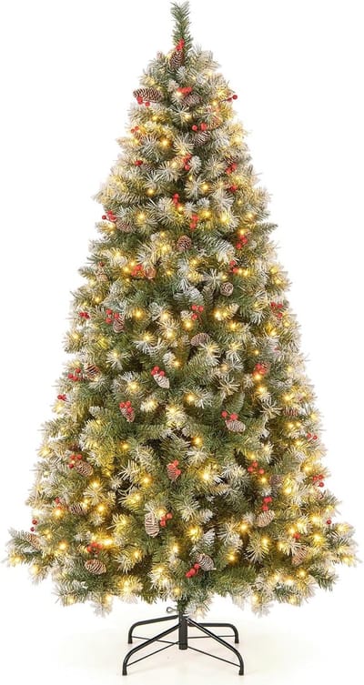 COSTWAY Kunstkerstboom van 195 cm met verlichting, sneeuw, dennenappels en rode bessen, dennenboom met 8 verlichtingsmodi, 420 warmwitte ledlampen, kerstboom, kunstboom voor Kerstmis