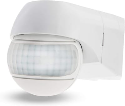 Hooggevoelige infrarood bewegingsmelder met 220° bereik en dubbele sensoren, IP44, verstelbaar in horizontale en verticale positie voor wand- en hoekmontage