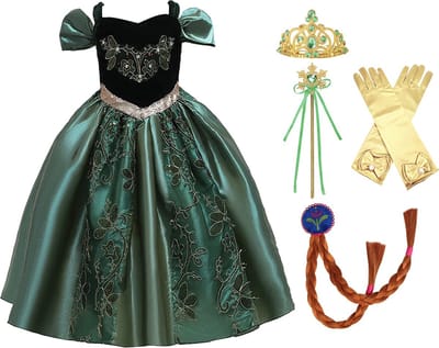 Prinsessenjurk meisje - verkleedkleren meisje - Frozen jurk - maat 98/104 - kroon, toverstaf, handschoenen, vlechtjes