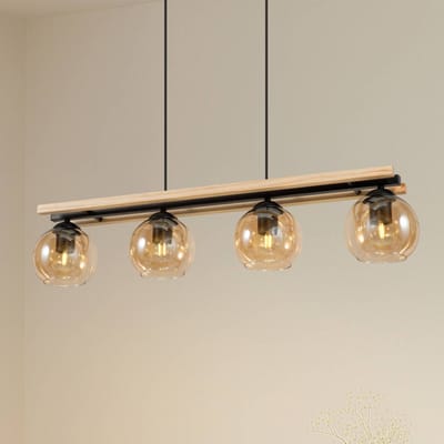 Lindby - hanglamp - 4lichts - Glas, metaal, hout - H: 13 cm - E27 - amber, zwart, licht eiken