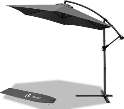 3M zeshoekige offsetparasol met terugklapbare handgreep | Verstelbare afneembare parasol | 180 gr/m2 canvas met UV-bescherming | Hoogte 235 cm | 6 stalen ribben | Inclusief grijze beschermhoes