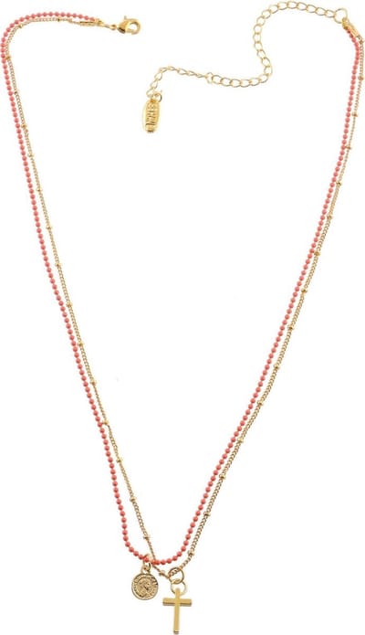 Behave Korte ketting 42 cm lengte, metaal, 2rijen, hanger, kruis + 7,5 cm verlengketting