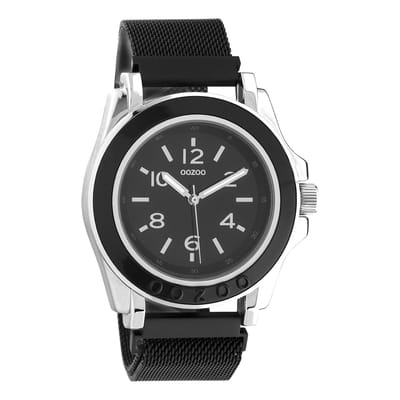 OOZOO Timepieces - Zilverkleurige horloge met zwarte metalen mesh armband - C10740