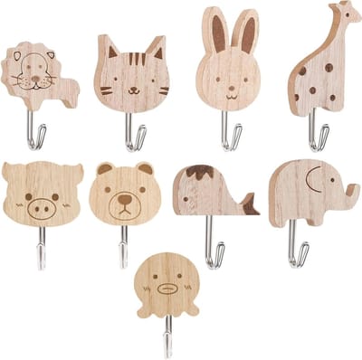 9 Delen Houten Kledinghaken, Dieren Wandhaken, Zelfklevende Haken voor Kinderen, Handdoeken en Hoeden in Dierlijke Vormen
