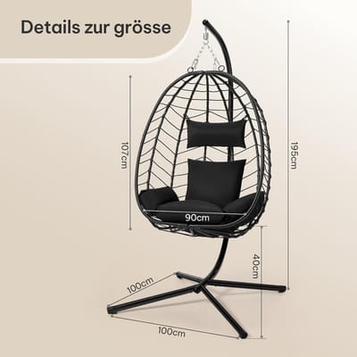 Luxe Hangstoel met Standaard 102 x 196 x 100 cm Antraciet – PE Rotan Schommelstoel voor Binnen en Buiten, 150 kg Draagvermogen – Casa Dorada