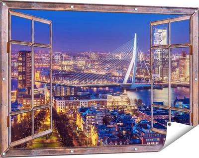 Gards Tuinposter Doorkijk Rotterdamse Skyline met de Erasmusbrug - 120x80 cm - Tuindoek - Tuindecoratie - Wanddecoratie buiten - Tuinschilderij