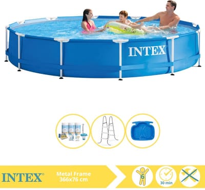 Intex Rond Frame Zwembad - 366 x 76 cm - Blauw - Inclusief Onderhoudspakket - Ladder - Voetenbad - 4-delig