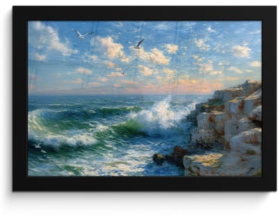 Poster in lijst - Fotolijst 30x20 cm - Posters - Zee - Golven - Rotsen - Meeuwen - Posterlijst zwart - Decoratie - Wanddecoratie woonkamer - Muurdecoratie slaapkamer