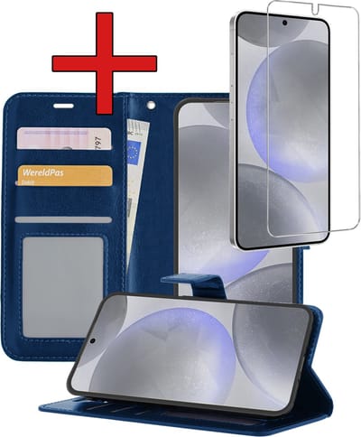 Hoesje - Met Screenprotector - Geschikt voor Samsung Galaxy S24 - Luxe Pasjeshouder - Flipcase - Bookcase Portemonee - Flip Case - Kunstleer Book Case - Book Cover - Walletcase - Portemonneehoes - Telefoonhoes - Donkerblauw