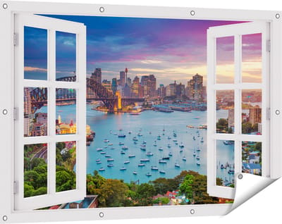 Gards Tuinposter Doorkijk Sydney Harbour Bridge in de Avond - 120x80 cm - Tuindoek - Tuindecoratie - Wanddecoratie buiten - Tuinschilderij