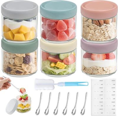 6 Stuks Ontbijt Jars van 350ml met Deksel - Ideaal voor Overnight Oats, Muesli, Jam en Salades