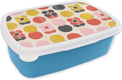 Broodtrommel Blauw - Lunchbox Retro - Design - Bloemen - Pastel - Brooddoos 18x12x6 cm - Brood lunch box - Broodtrommels voor kinderen en volwassenen