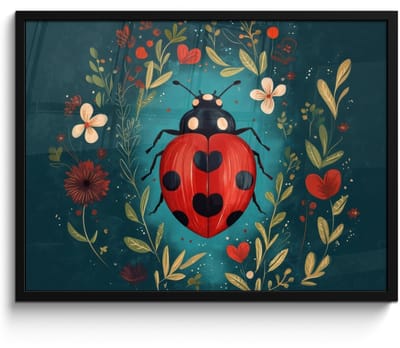 Poster in lijst - Fotolijst 70x50 cm - Posters - Bloemen - Lieveheersbeestje - Hartje - Rood - Posterlijst zwart - Decoratie - Wanddecoratie woonkamer - Muurdecoratie slaapkamer