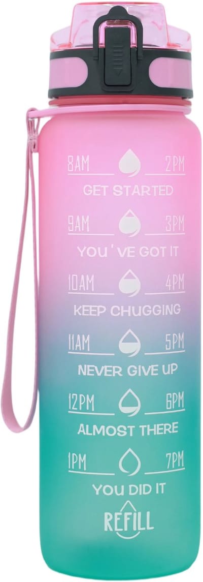 REDOM Waterfles 950 ml met Rietje en Tijdmarkering – Lekvrij Sportfles met Draagriem – Voor Fitness, School, Werk & Reizen – ABS – Roze/Groen