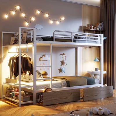 Stapelbed, 90 x 200 cm, Ijzeren Frame, 2 lades, Meerdere Planken, met Led-lichtstrip, met Kledingstang, Matras niet Inbegrepen, Wit