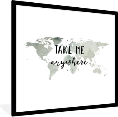 Fotolijst incl. Poster - Wereldkaart - Grijs - Quote - 40x40 cm - Posterlijst