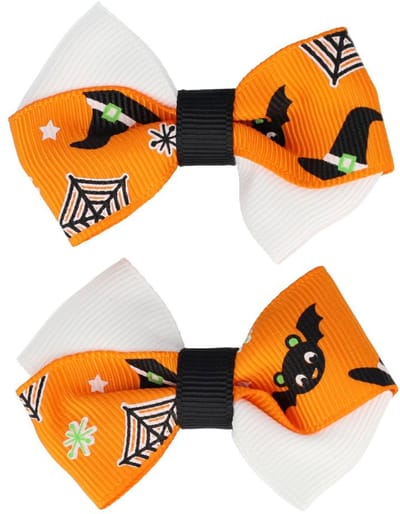Haarsoires Haarspeld Duckklemmen 6cm – Halloween Griezelprint Strikje – Oranje Zwart Wit – Set van 2 - Haarclip - Haarklem - Makkelijk in Gebruik - Sterke Haarclip voor Styling & Dagelijks Gebruik - Hair Clip - Decoratieve Haaraccessoire