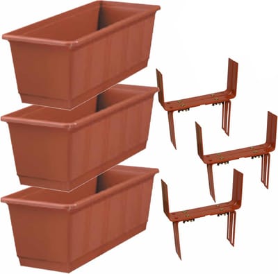 Set van 3 kunststof plantenbakken terracotta rechthoekig 40 cm met 6 verstelbare balkon/muurbeugels