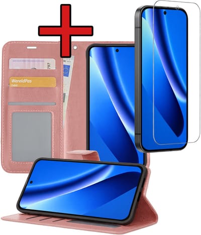 Hoesje - Met Screenprotector - Geschikt voor Google Pixel 10a - Luxe Pasjeshouder - Flipcase - Bookcase Portemonee - Flip Case - Kunstleer Book Case - Book Cover - Walletcase - Portemonneehoes - Telefoonhoes - Rosé goud