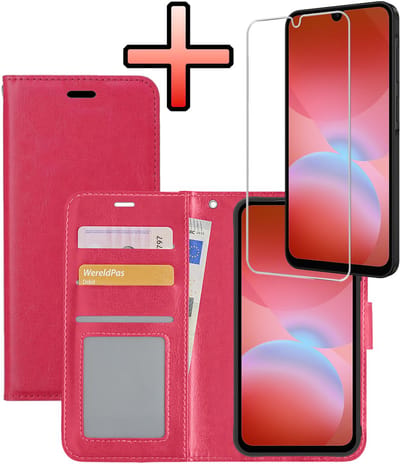 Hoesje - Met Screenprotector - Geschikt voor Samsung Galaxy A26 - Luxe Pasjeshouder - Bookcase Portemonee - Flip Case - Kunstleer Book Case - Flipcase - Book Cover - Walletcase - Portemonneehoes - Donkerroze