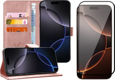 Hoesje geschikt voor iPhone 16 - Screenprotector Volledig Dekkend Glas - Portemonnee Book Case Rosegoud